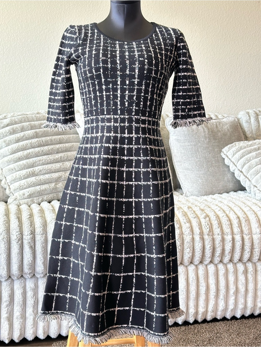 Taylor Black and White Grid Midi Dress with Fringe